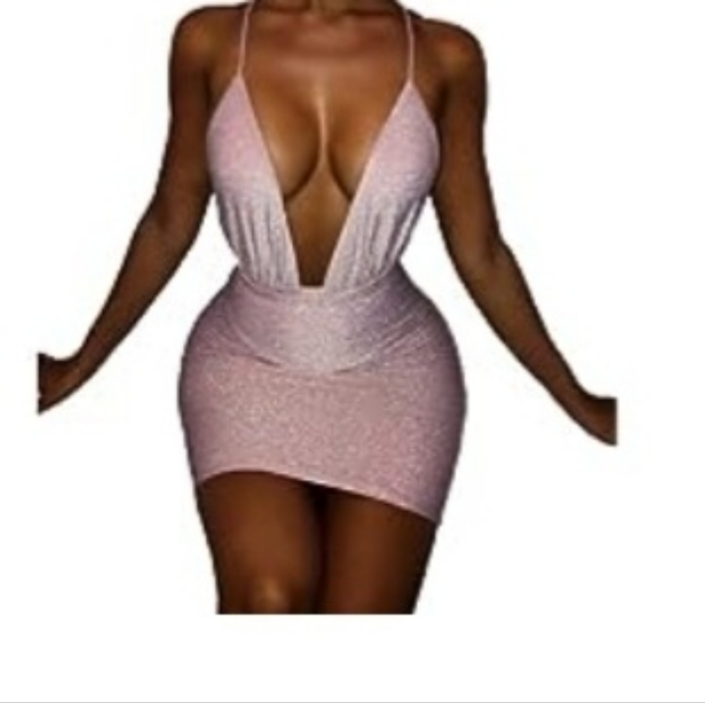 Women’s Glitter Pink Spaghetti Strap Deep V Neck Backless Sleeveless Bodycon M